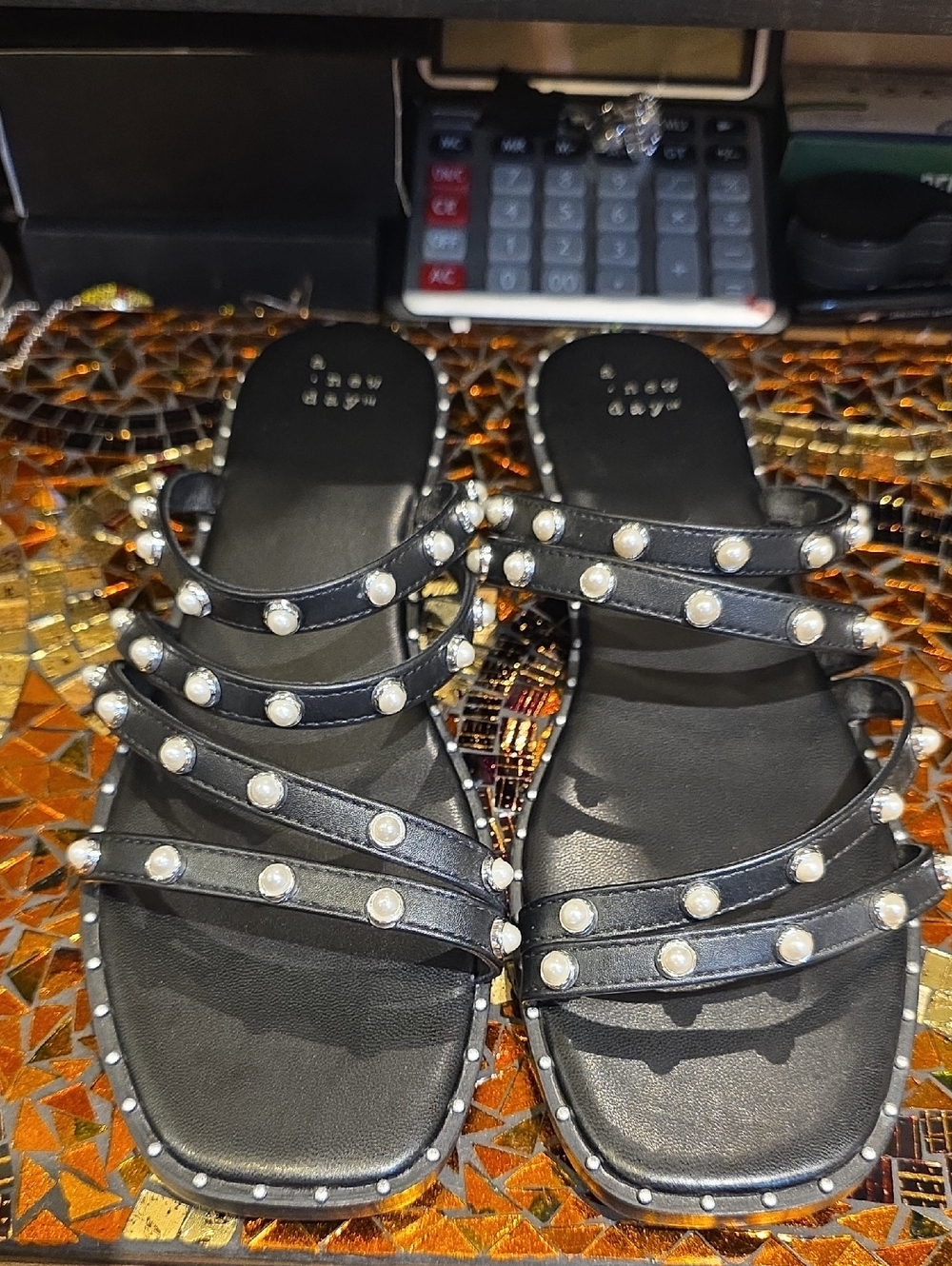 Black Pearl-Embellished Strappy Flat Sandals for Women